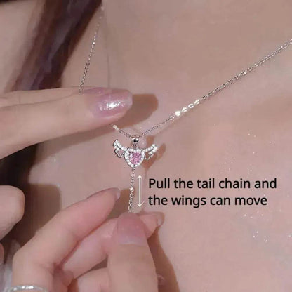 Collier Cœur Cupidon Ailes d'Ange Mobile avec Gland et Chaîne de Clavicule en Cristal, Bijou pour Femme, Cadeau Saint-Valentin