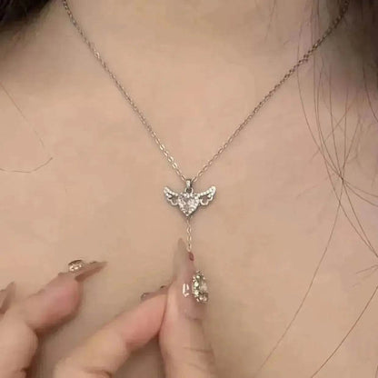 Collier Cœur Cupidon Ailes d'Ange Mobile avec Gland et Chaîne de Clavicule en Cristal, Bijou pour Femme, Cadeau Saint-Valentin