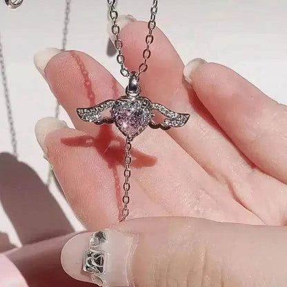 Collier Cœur Cupidon Ailes d'Ange Mobile avec Gland et Chaîne de Clavicule en Cristal, Bijou pour Femme, Cadeau Saint-Valentin