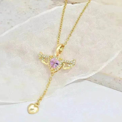 Collier Cœur Cupidon Ailes d'Ange Mobile avec Gland et Chaîne de Clavicule en Cristal, Bijou pour Femme, Cadeau Saint-Valentin