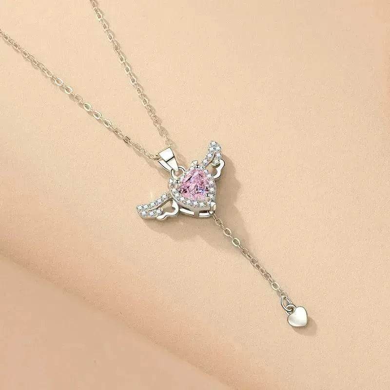 Collier Cœur Cupidon Ailes d'Ange Mobile avec Gland et Chaîne de Clavicule en Cristal, Bijou pour Femme, Cadeau Saint-Valentin
