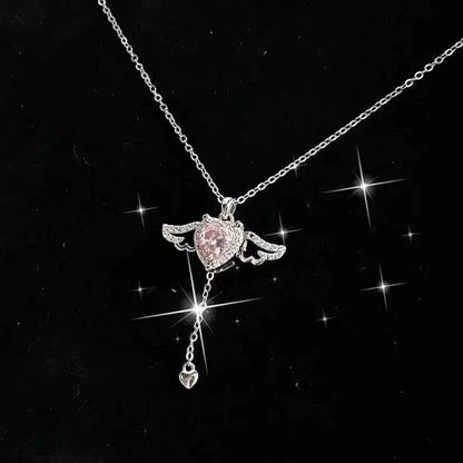 Collier Cœur Cupidon Ailes d'Ange Mobile avec Gland et Chaîne de Clavicule en Cristal, Bijou pour Femme, Cadeau Saint-Valentin