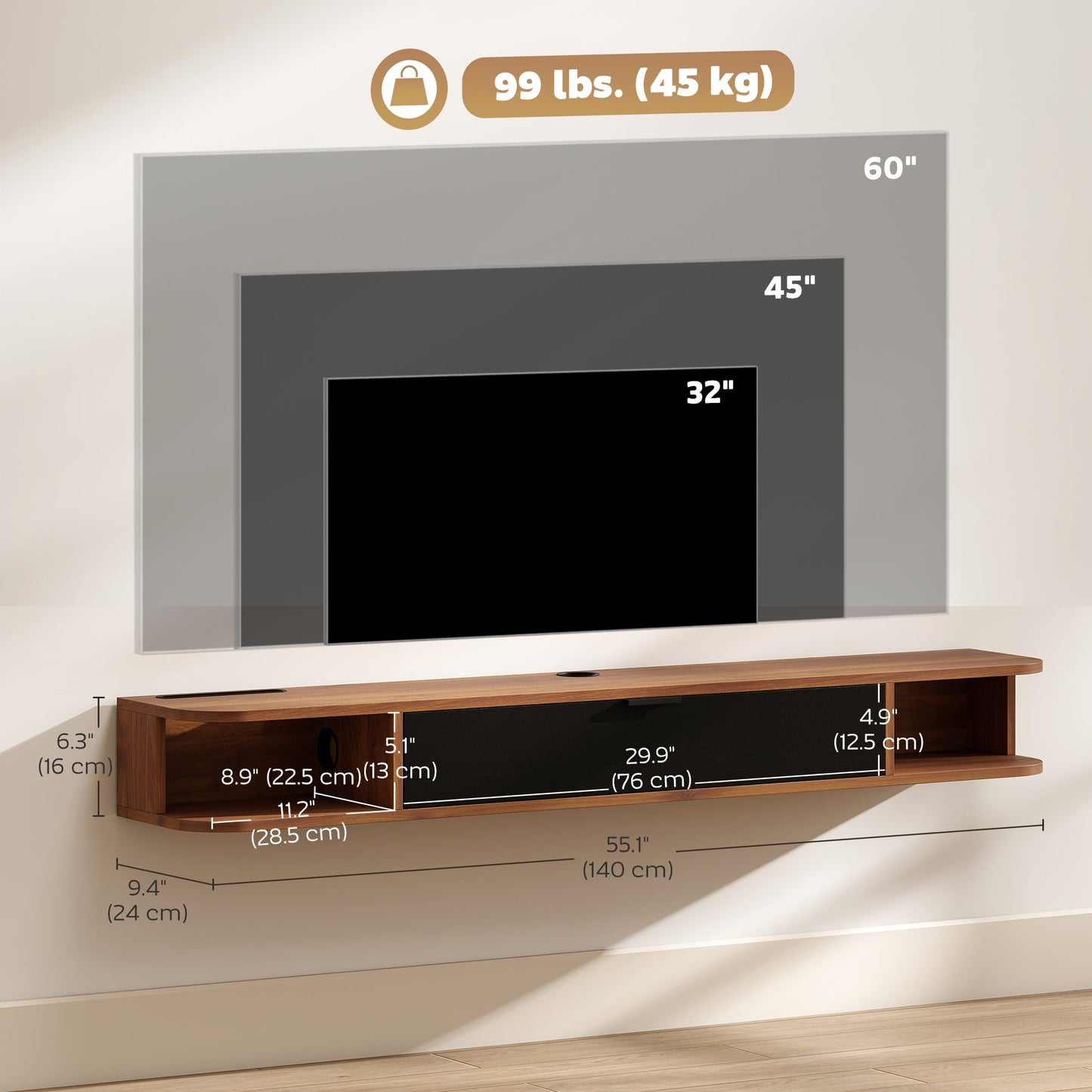 Lennox 55" Floating TV Stand for TVs up to 65" with Flip Drawer-Walnut