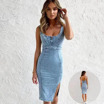 Nouvelle robe en jean à bretelles et col en U, coupe slim décontractée d'été avec fente, vêtements pour femmes