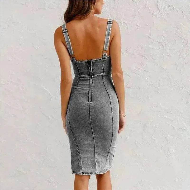 Nouvelle robe en jean à bretelles et col en U, coupe slim décontractée d'été avec fente, vêtements pour femmes