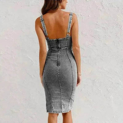 Nouvelle robe en jean à bretelles et col en U, coupe slim décontractée d'été avec fente, vêtements pour femmes