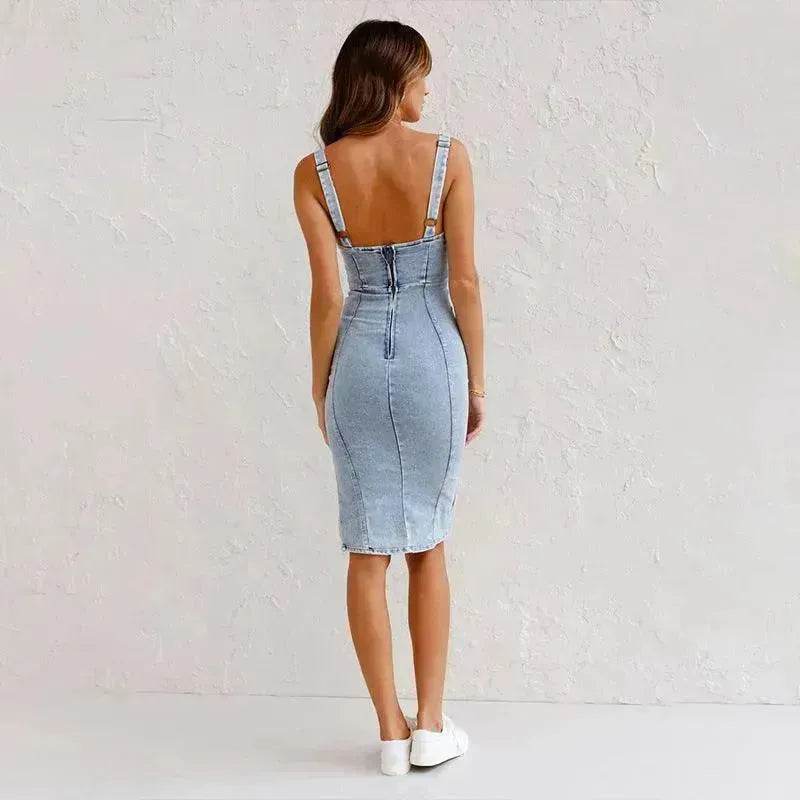 Nouvelle robe en jean à bretelles et col en U, coupe slim décontractée d'été avec fente, vêtements pour femmes