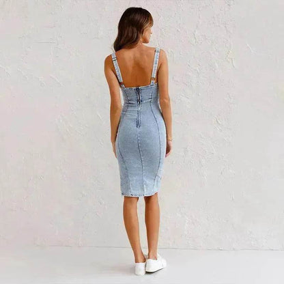 Nouvelle robe en jean à bretelles et col en U, coupe slim décontractée d'été avec fente, vêtements pour femmes