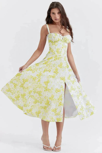 New Spring Summer Floral Midi Dress Spaghetti Strap Slit Midi Flared Gown