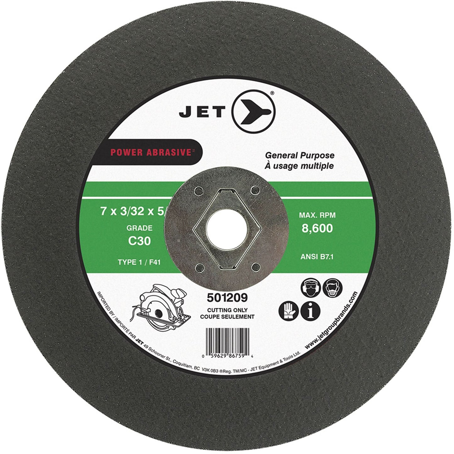 C30 Power Abrasive Cut-Off Wheel, 7" x 0.094", 5/8" Arbor, Type T1, 8600 RPM