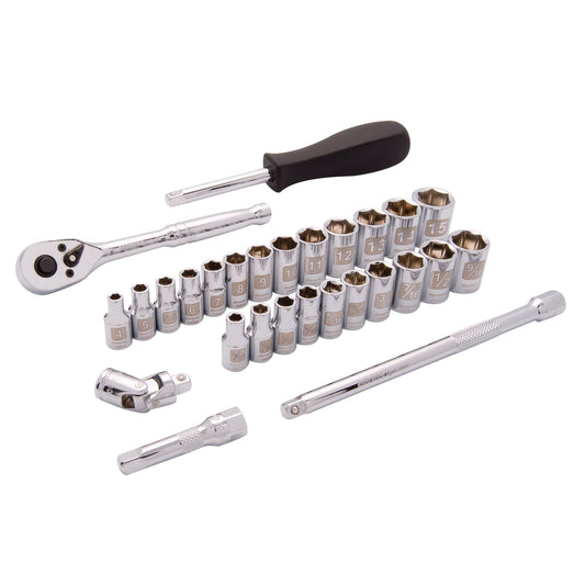 6-Point SAE/Metric Socket Set, 28 Pcs, 1/4" Drive Size