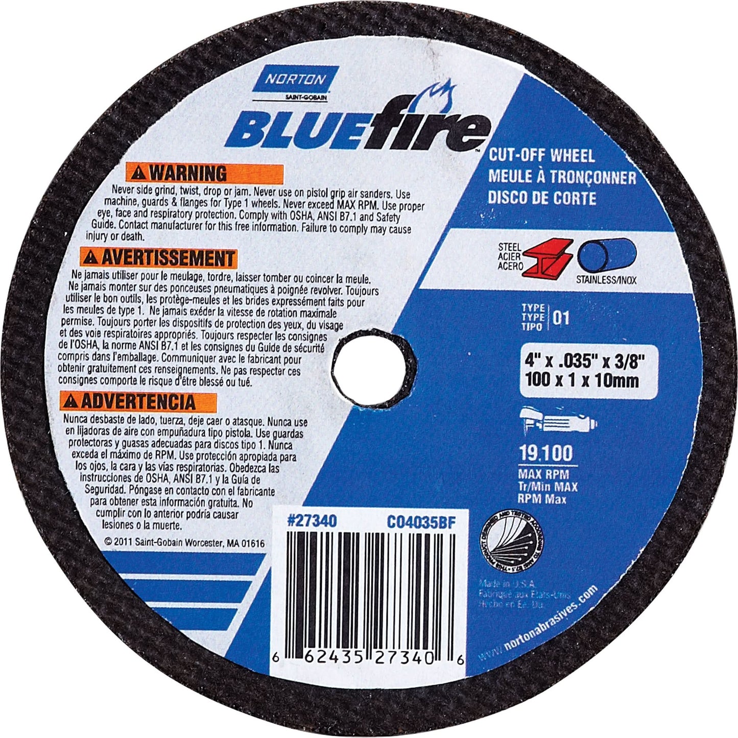 BlueFire® Cut-Off Wheels, 4" x 1/16", 3/8" Arbor, Aluminum Oxide, Type 1