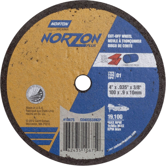 Portable Small Diameter Reinforced Cut-Off Wheels - Norzon Plus, 4" x 0.035", 3/8" Arbor, Type 1, Ceramic/Zirconium, 19100 RPM