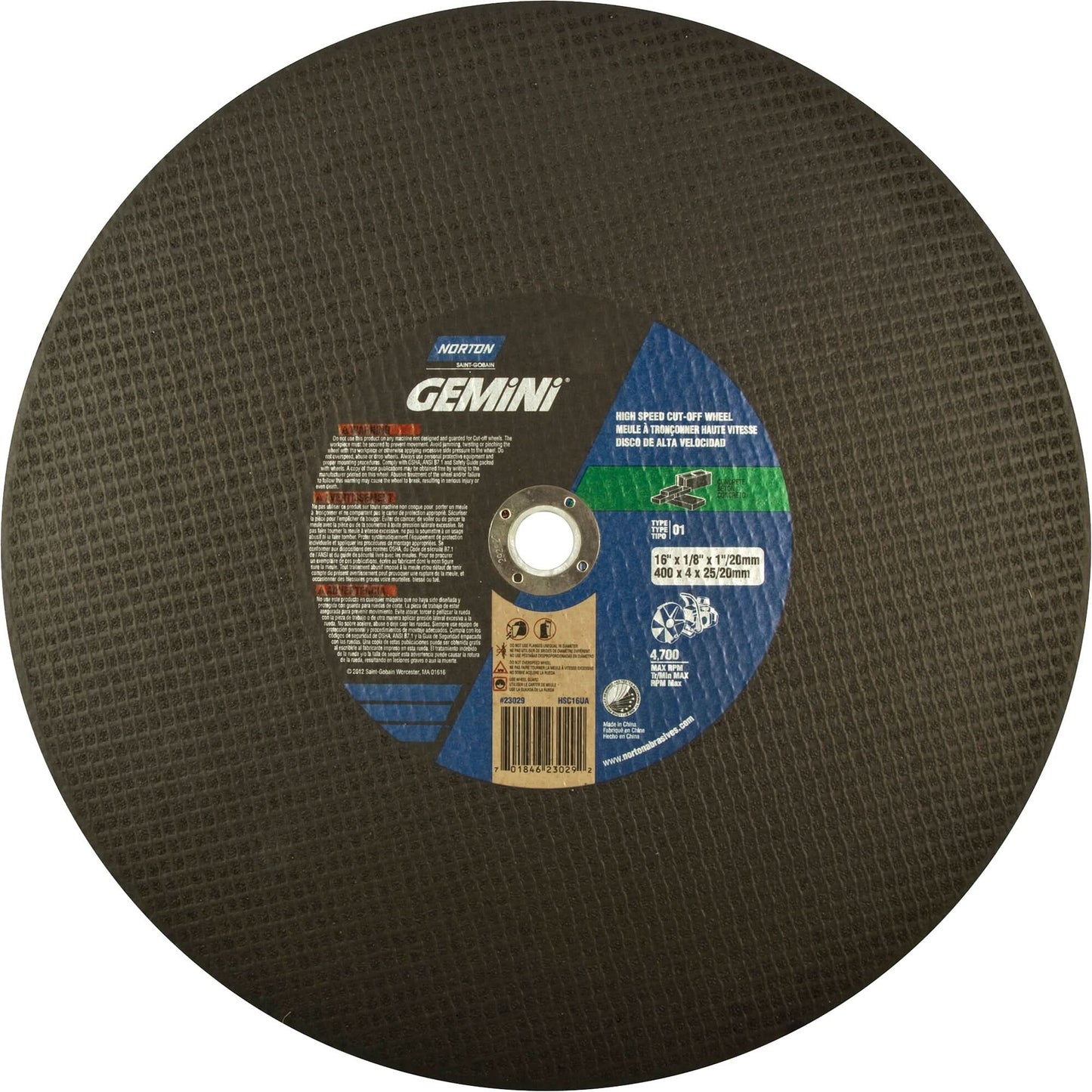 High Speed Reinforced Cut-Off Wheels, 14" x 1/8", 1" Arbor, Type 1, Silicon Carbide, 5400 RPM