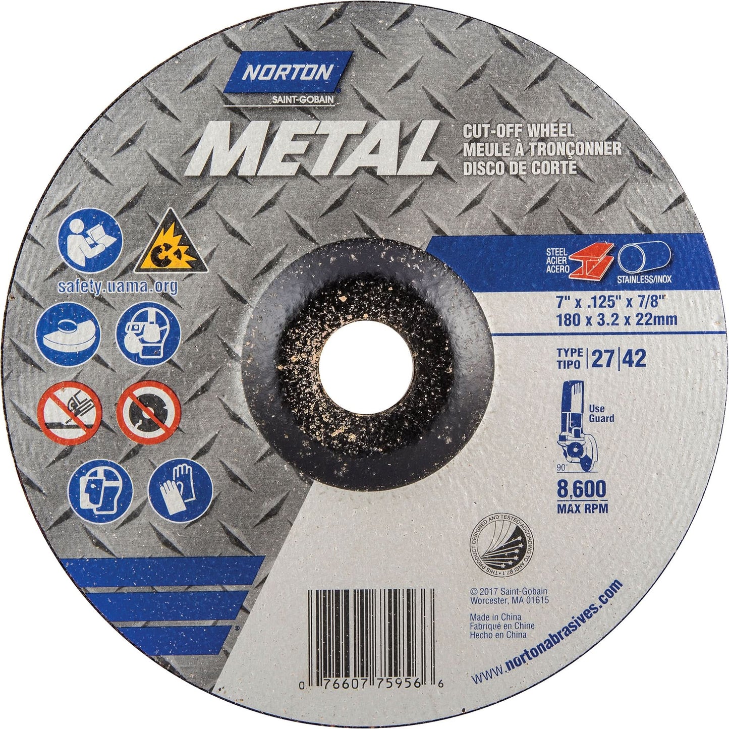 Depressed Centre Metal Grinding Wheels, 7" x 1/8", 7/8" Arbor, Aluminum Oxide, Type 27