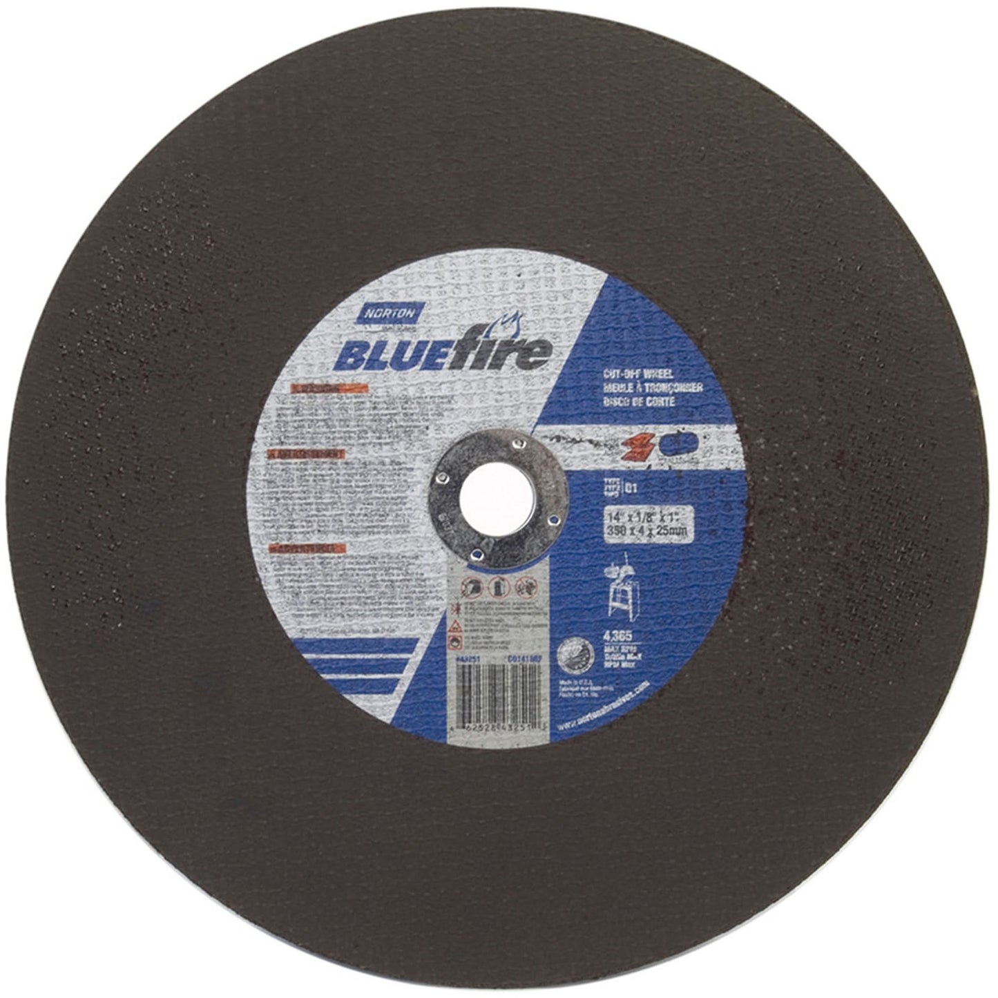 BlueFire® Stationary Saw Cut-Off Wheels, 14" x 1/8", 1" Arbor, Type 01/41, Zirconia Alumina, 4365 RPM