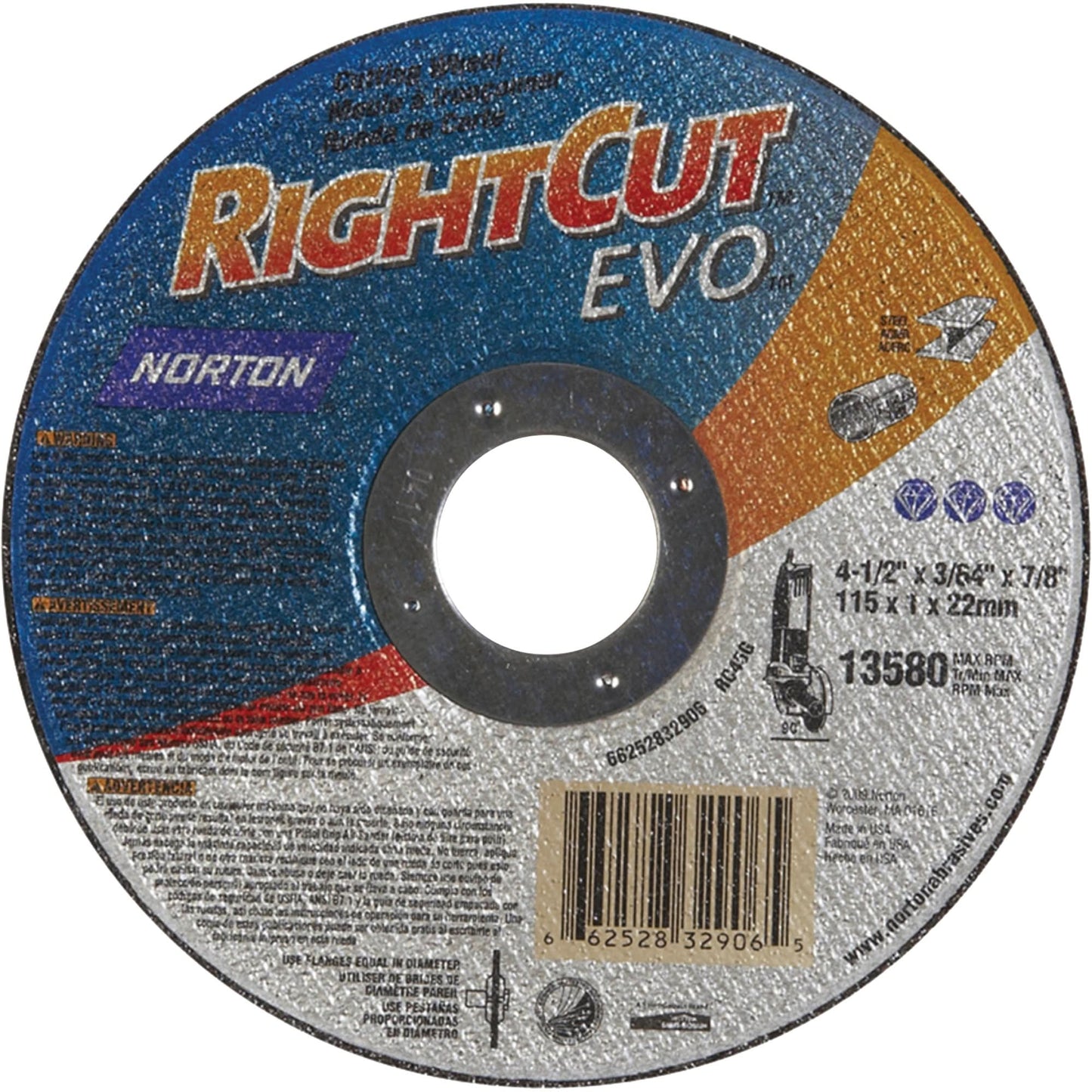 Right Angle Grinder Reinforced Cut-Off Wheels - RightCut™  Evo, 7" x 0.045", 7/8" Arbor, Type 1, Aluminum Oxide, 8730 RPM