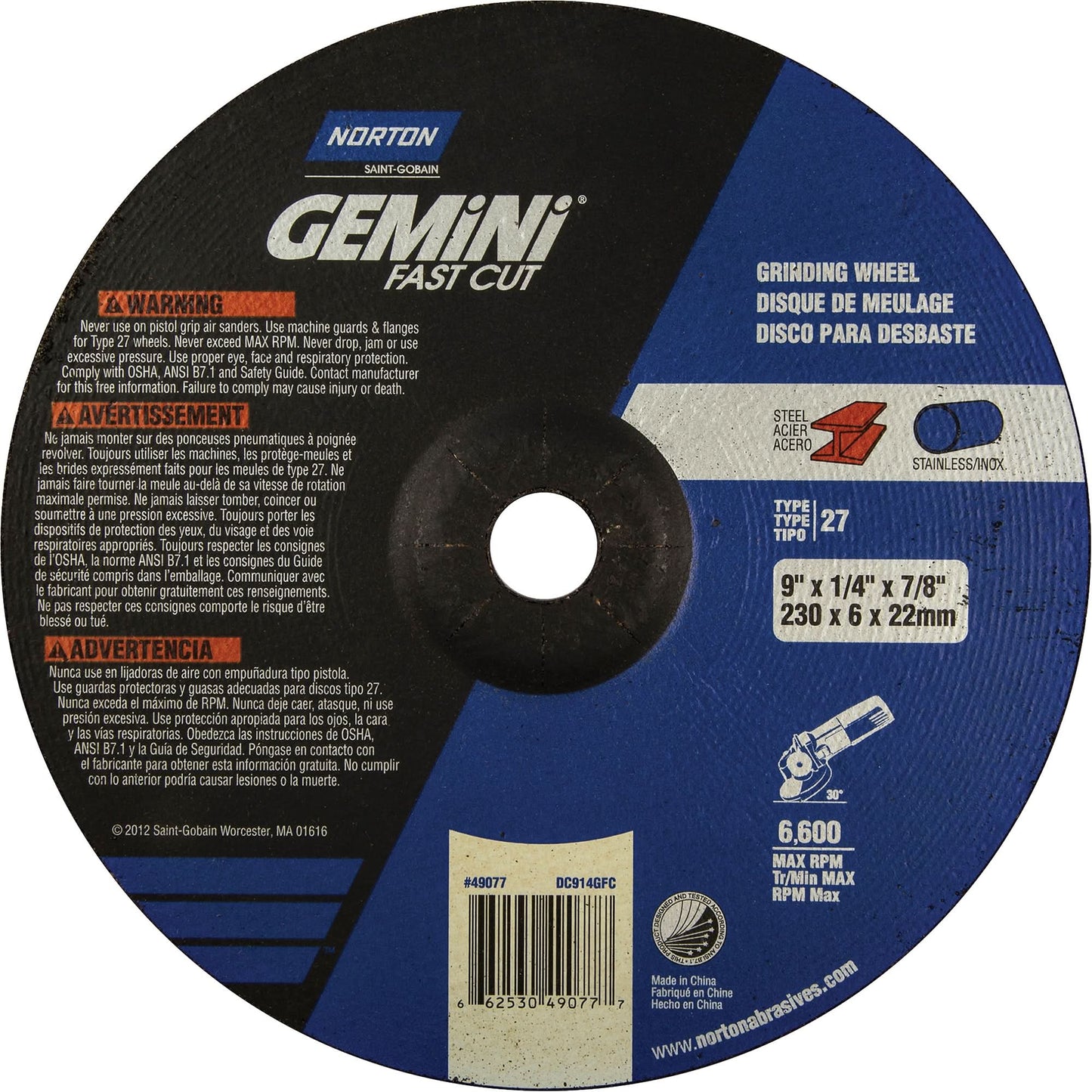 Gemini® Depressed Centre Grinding Wheels, 9" x 1/4", 7/8" Arbor, Type 27