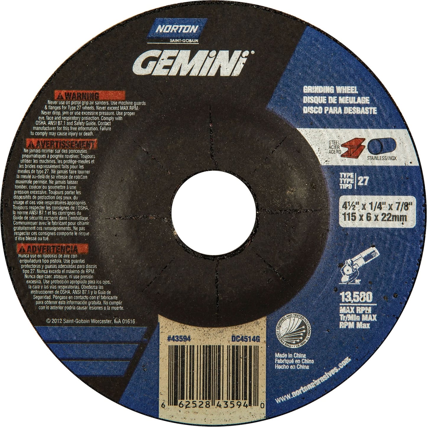 Gemini® Depressed Centre Grinding Wheels, 6" x 1/4", 7/8" Arbor, Aluminum Oxide, Type 27