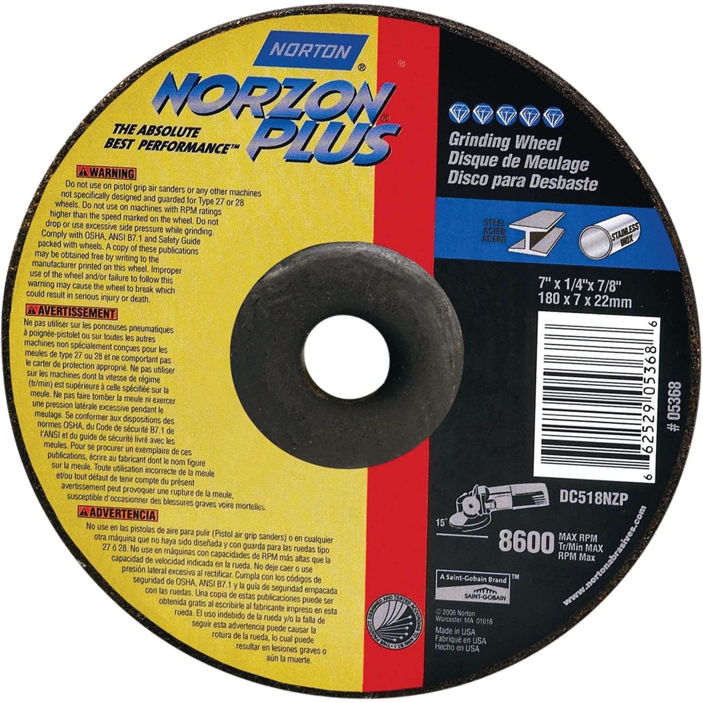 Norzon Plus® Depressed Centre Grinding Wheels, 7" x 1/8", 7/8" Arbor, Ceramic/Zirconium, Type 27
