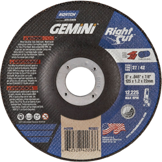 Right Angle Grinder Reinforced Cut-Off Wheels - RightCut™ , 5" x 0.045", 7/8" Arbor, Type 27, Aluminum Oxide, 12225 RPM