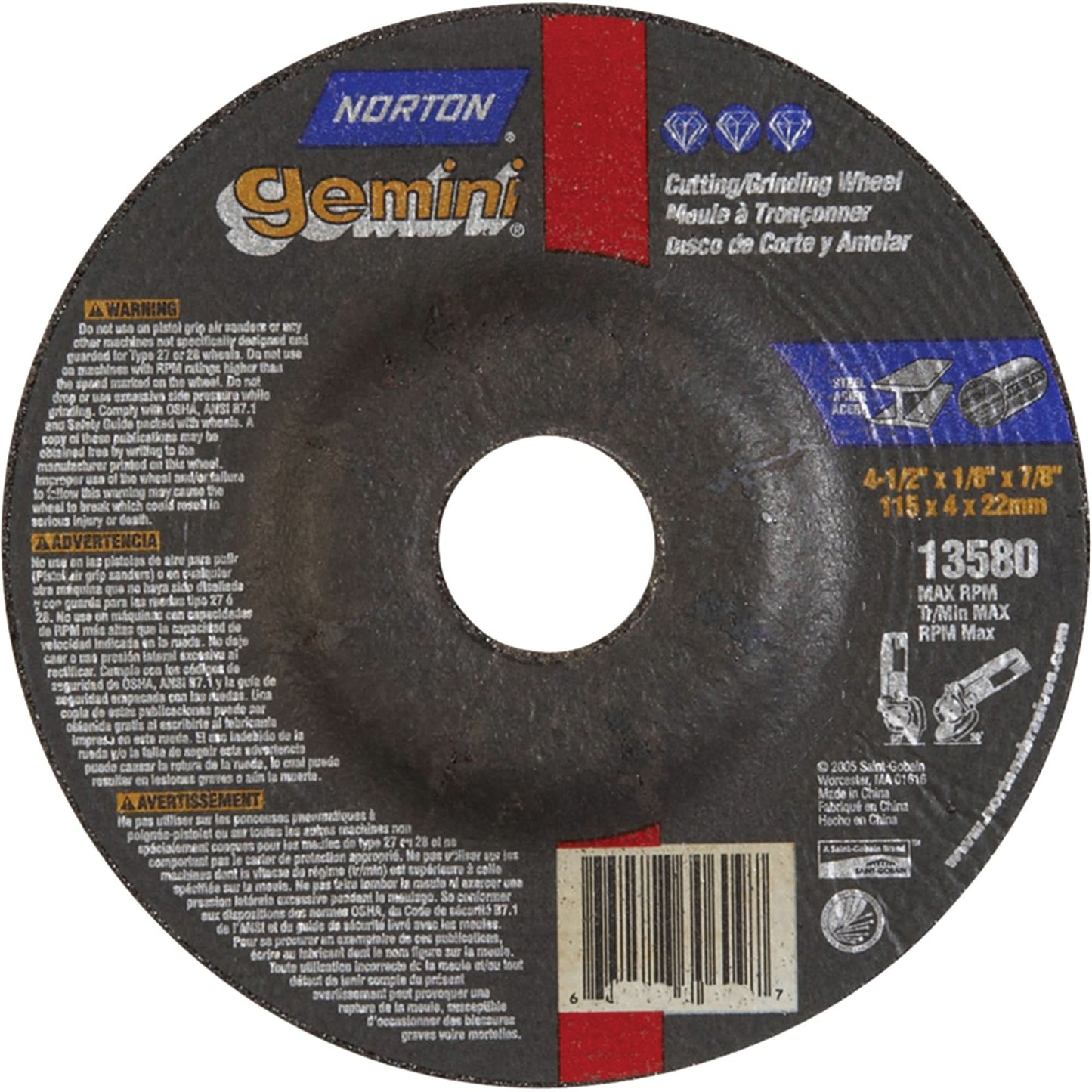 Gemini® Depressed Centre Grinding Wheels, 7" x 1/8", 7/8" Arbor, Aluminum Oxide, Type 27