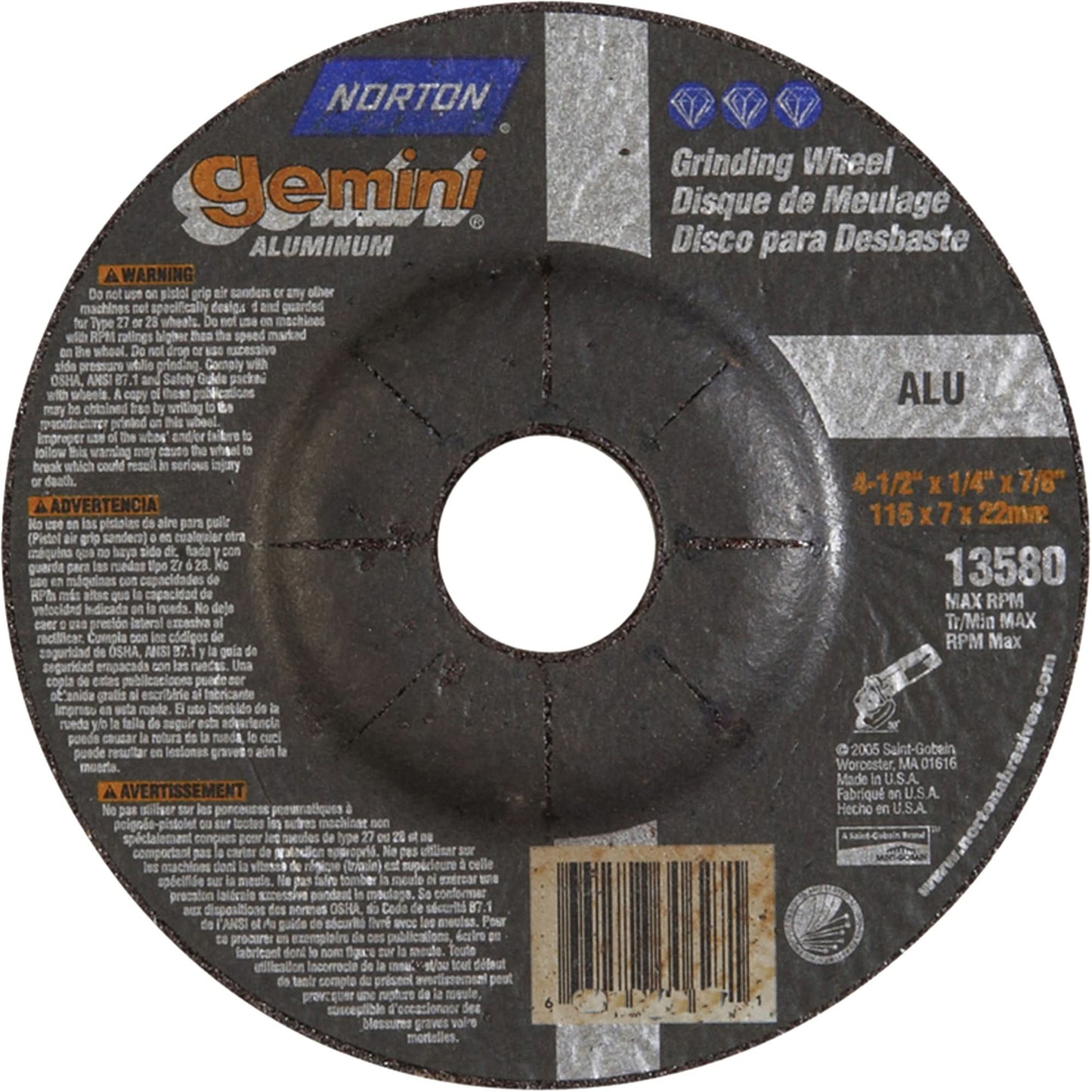 Gemini® Depressed Centre Grinding Wheels, 4-1/2" x 1/4", 7/8" Arbor, Aluminum Oxide, Type 27