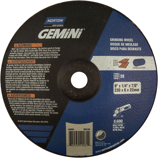 Gemini® Saucer Wheel, 9" x 1/4", 7/8" Arbor, Aluminum Oxide, Type 28