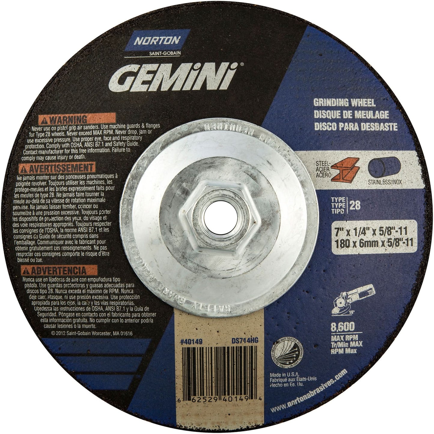 Gemini® Saucer Wheel, 7" x 1/4", 5/8"-11 Arbor, Aluminum Oxide, Type 28
