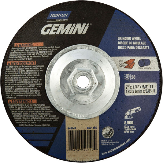 Gemini® Saucer Wheel, 7" x 1/4", 5/8"-11 Arbor, Aluminum Oxide, Type 28