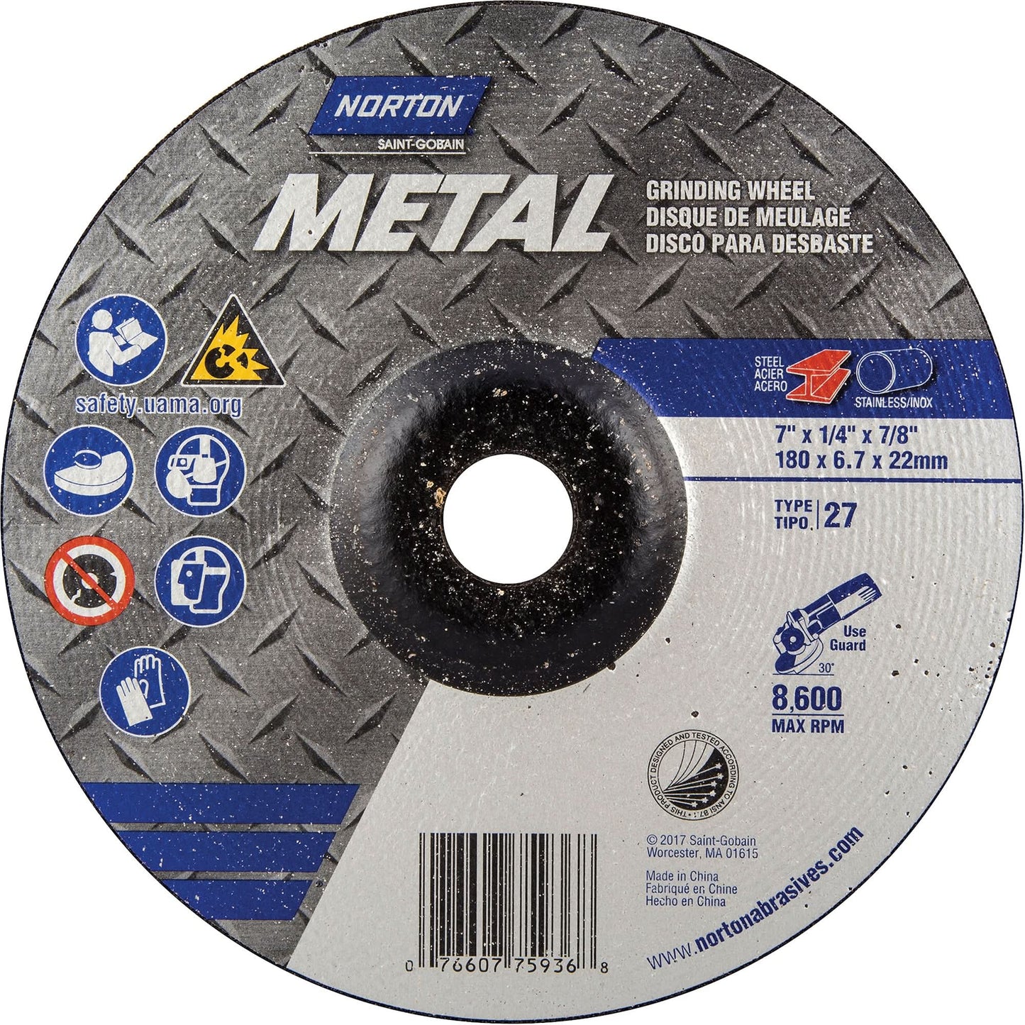 Depressed Centre Metal Grinding Wheels, 7" x 1/4", 7/8" Arbor, Aluminum Oxide, Type 27