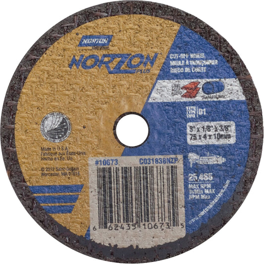 Portable Small Diameter Reinforced Cut-Off Wheels - Norzon Plus, 3" x 1/8", 3/8" Arbor, Type 1, Ceramic, 25465 RPM