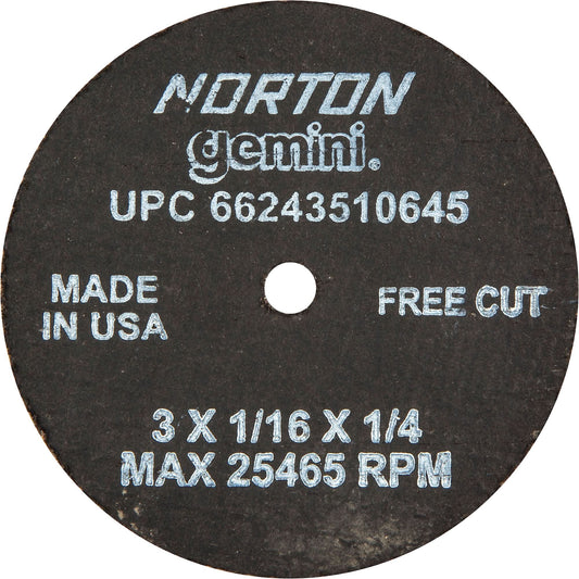 Portable Small Diameter Reinforced Cut-Off Wheels - Gemini®, 3" x 1/16", 1/4" Arbor, Type 1, Aluminum Oxide, 25465 RPM
