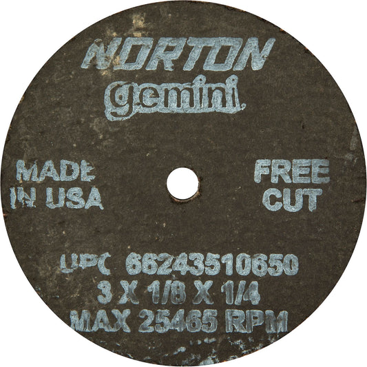 Portable Small Diameter Reinforced Cut-Off Wheels - Gemini®, 3" x 1/8", 1/4" Arbor, Type 1, Aluminum Oxide, 25465 RPM