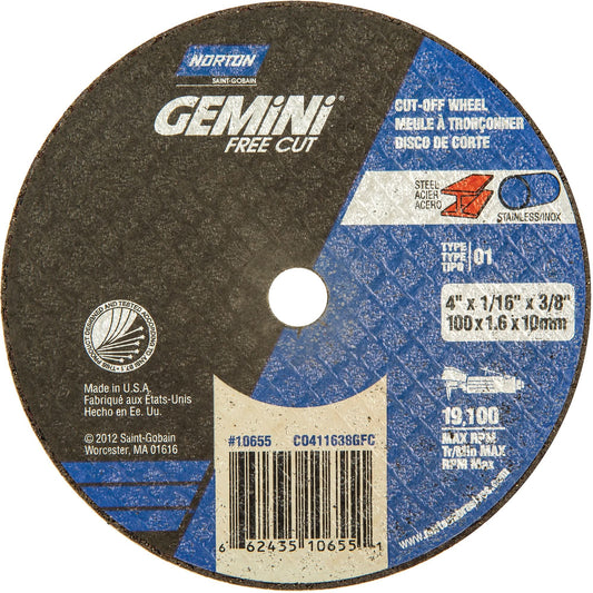 Portable Small Diameter Reinforced Cut-Off Wheels - Gemini®, 4" x 1/16", 3/8" Arbor, Type 1, Aluminum Oxide, 19100 RPM