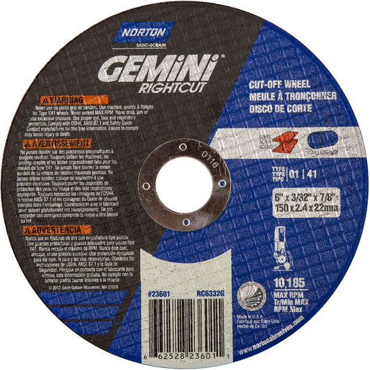 Cut-Off Wheels For Right Angle Grinder, 6" x 0.09"/3/32", 7/8" Arbor, Type 1, Aluminum Oxide, 10185 RPM