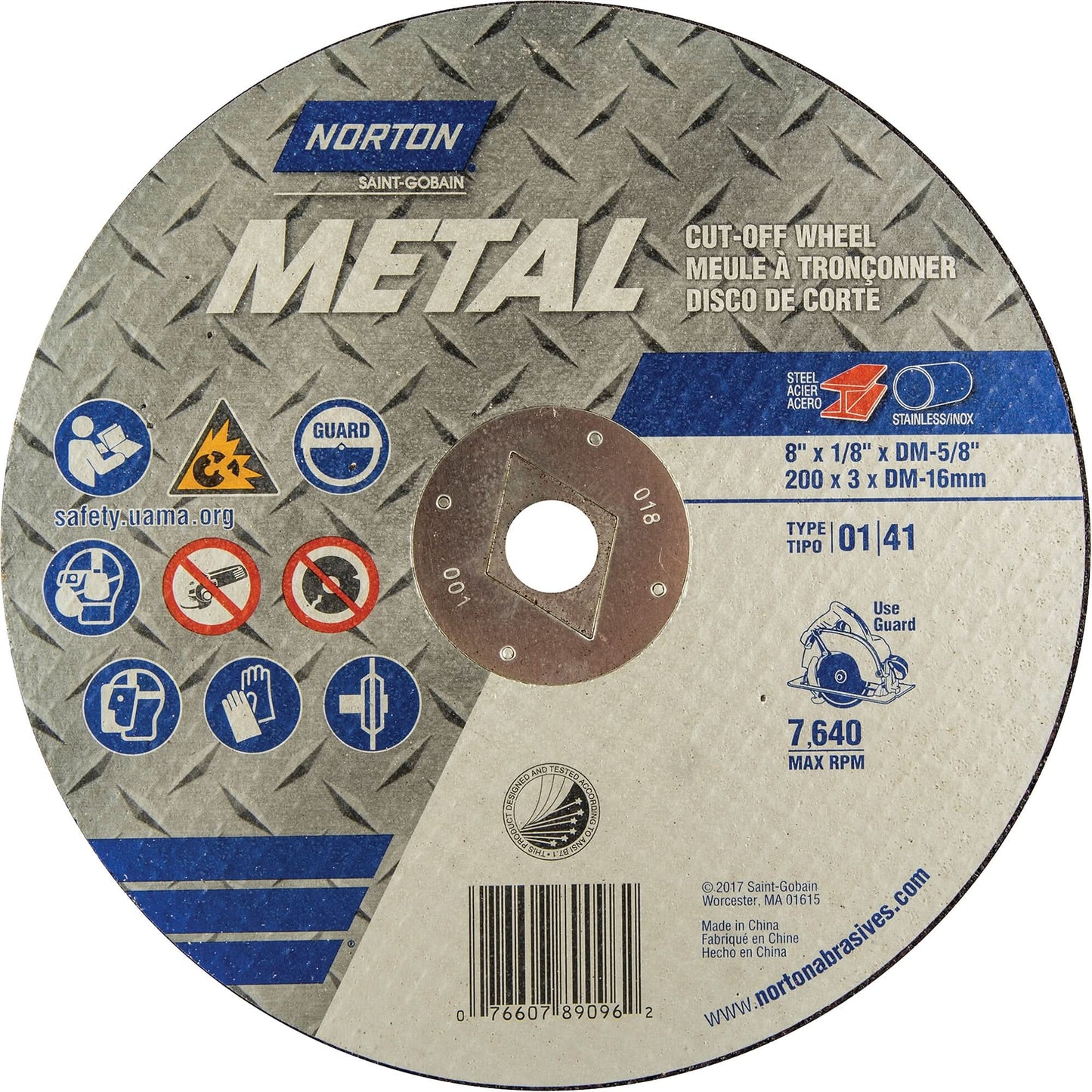Circular Saw Reinforced Cut-Off Wheels - Masonry & Metal, 8" x 1/8", DM Arbor, Type 01/41, Aluminum Oxide, 7640 RPM
