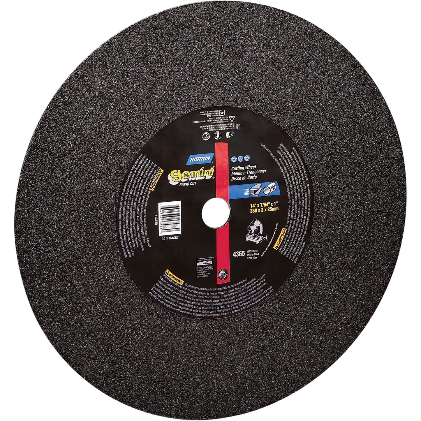 Chop Saw Reinforced Cut-Off Wheels - Gemini®, 14" x 7/64", 1" Arbor, Type 1, Aluminum Oxide, 4365 RPM