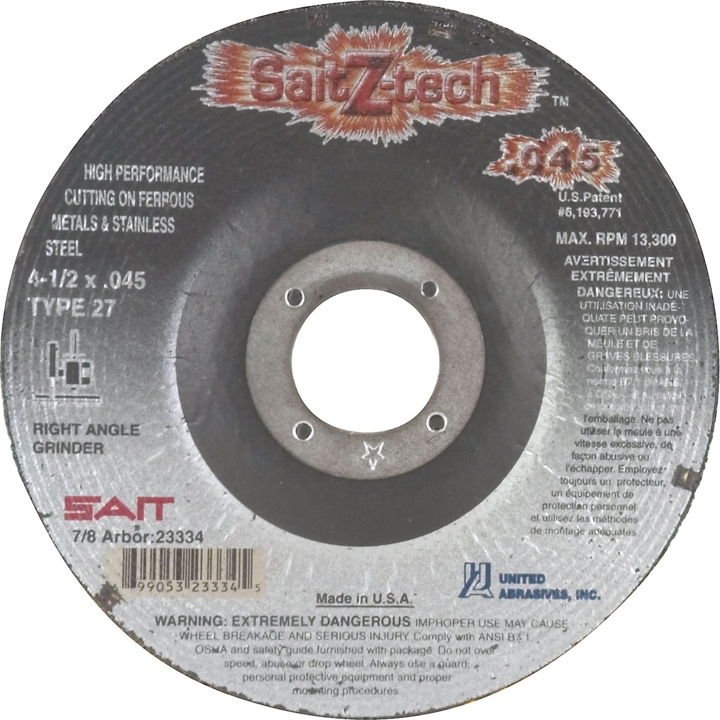 Disque à tronçonner Z-Tech, 4-1/2" x 0.045", alésage 7/8", Type 27, Zirconium, 13300 tr/min