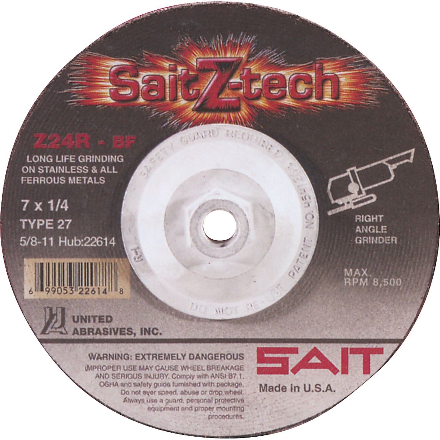 Sait Z-Tech™ Z24R Grinding Wheel, 4" x 1/4", 5/8" Arbor, Zirconium, Type 27