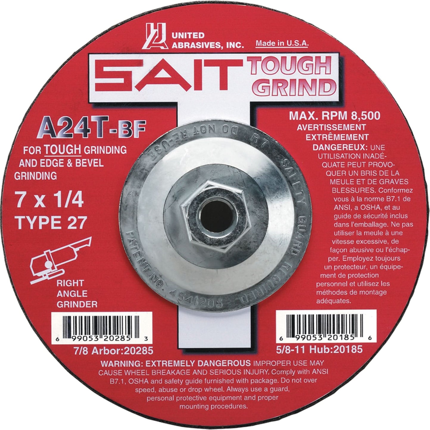 A24T Tough Grind Grinding Wheel, 7" x 1/4", 7/8" Arbor, Aluminum Oxide, Type 27
