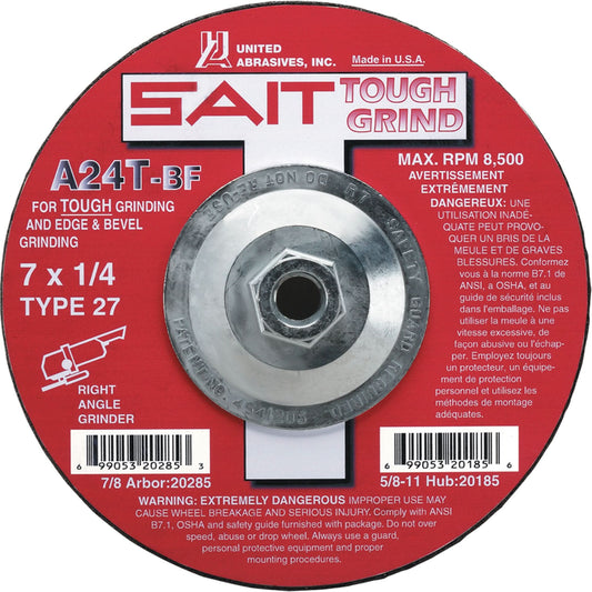 A24T Tough Grind Grinding Wheel, 7" x 1/4", 7/8" Arbor, Aluminum Oxide, Type 27
