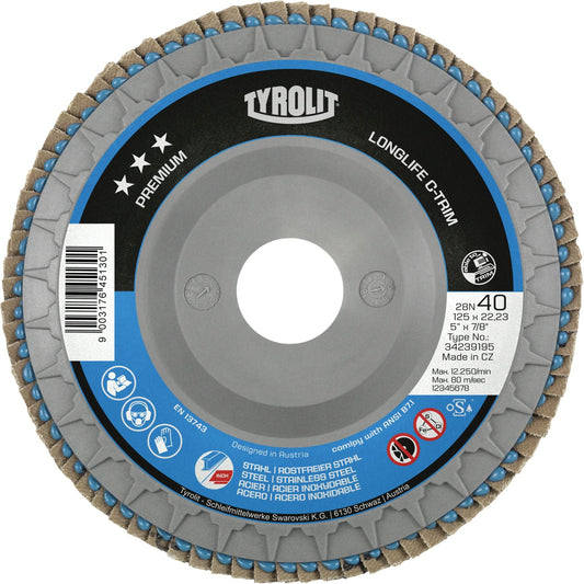 Long Life C-Trim Flap Disc, 5" x 7/8", Type 29, 40 Grit, Zirconia Alumina