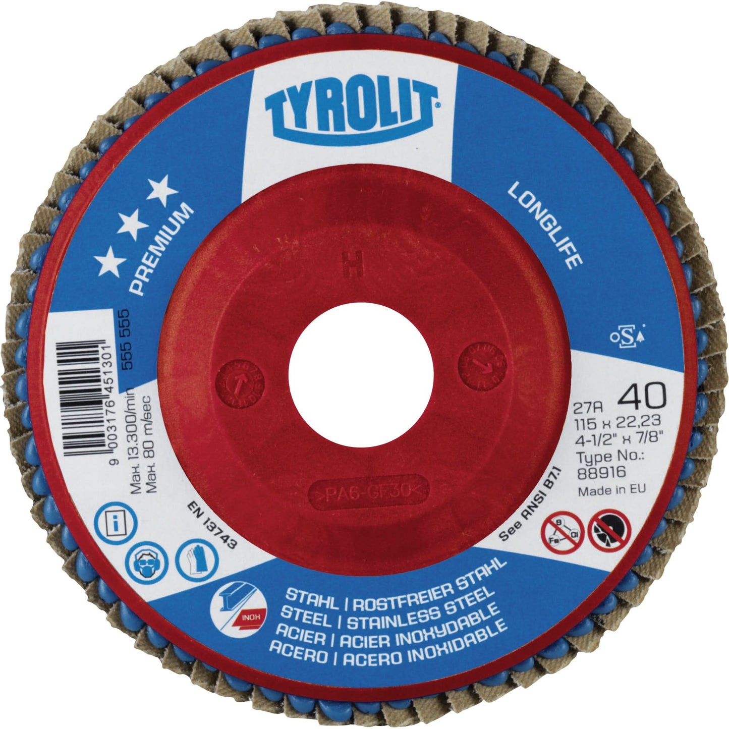 Long Life Flap Disc, 5" x 7/8", Type 27, 40 Grit, Zirconium
