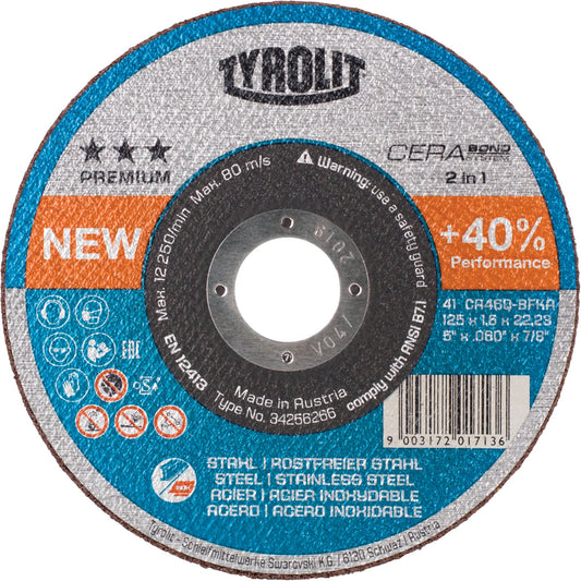 Disque de tronçonnage Premium Cerabond, 5 po x 1/16 po, alésage 7/8 po, type 27, céramique, 12250 tr/min