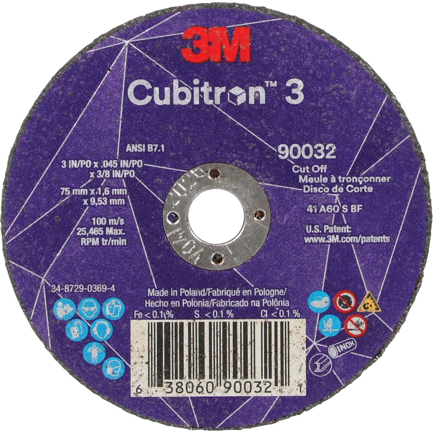 Disque à tronçonner Cubitron™ 3, 3" x 0,045", alésage 3/8", type T1, céramique, 21000 tr/min