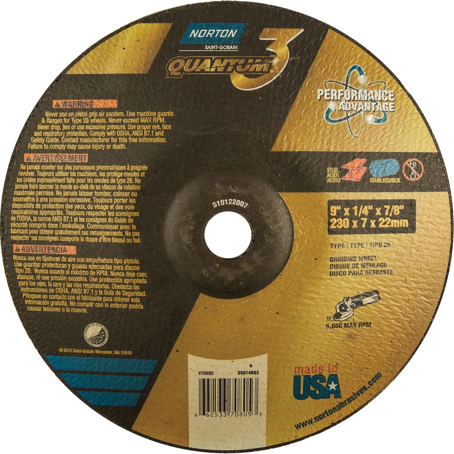 Quantum 3 SG Depressed Center Grinding Wheel, 9" x 1/4", 7/8" Arbor, Type 28, Ceramic, 6600 RPM