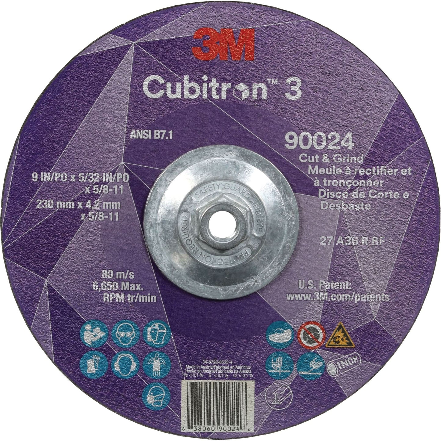 Cubitron™ 3 Cut and Grind Wheel, 9" x 5/32", 5/8"-11 Arbor, Type 27, 36 Grit, Ceramic