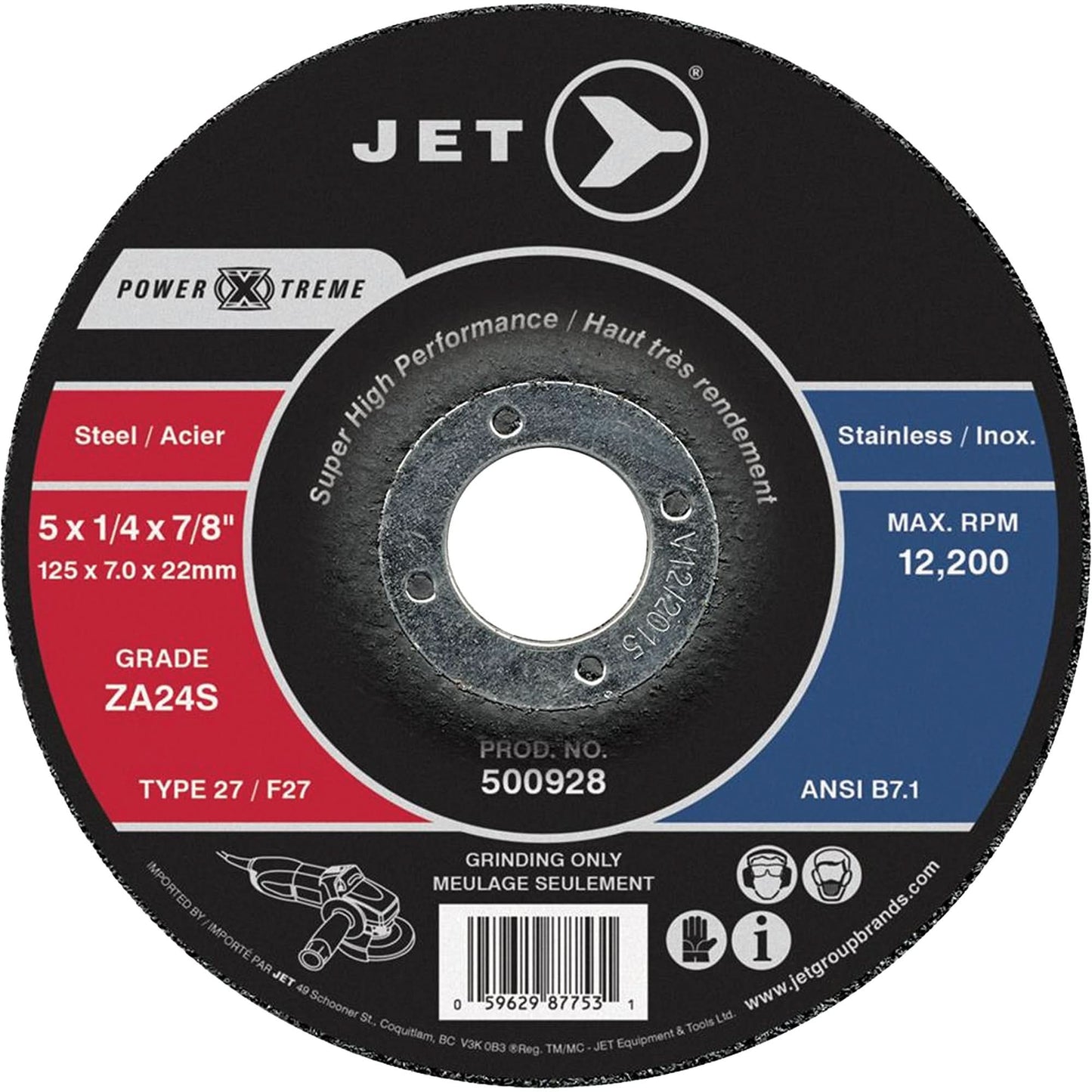 Power-Xtreme ZA24S Grinding Wheel, 5" x 1/4", 7/8" Arbor, Type 27