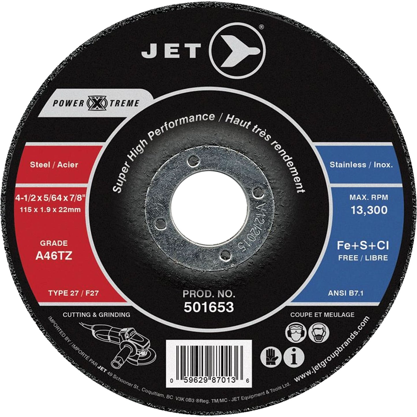 Power-Xtreme A46PX-DUO Cutting & Light Grinding Wheel, 4-1/2" x 5/64", 7/8" Arbor, Type 27, 13300 RPM